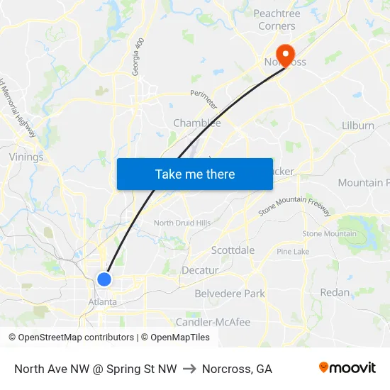 North Ave NW @ Spring St NW to Norcross, GA map