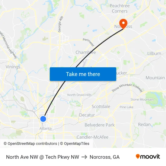 North Ave NW @ Tech Pkwy NW to Norcross, GA map
