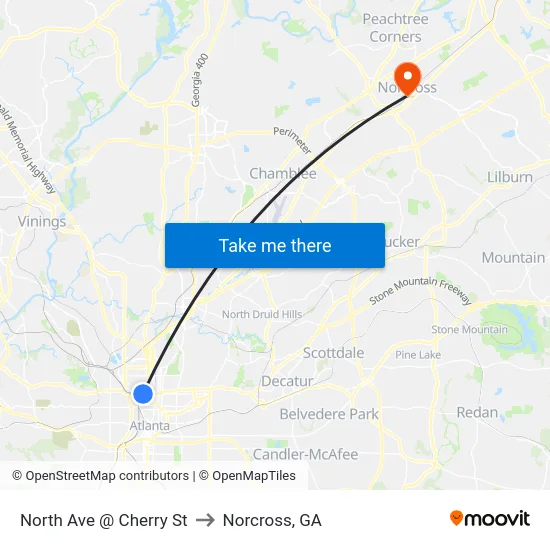 North Ave @ Cherry St to Norcross, GA map