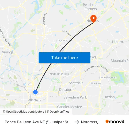 Ponce De Leon Ave NE @ Juniper St NE to Norcross, GA map