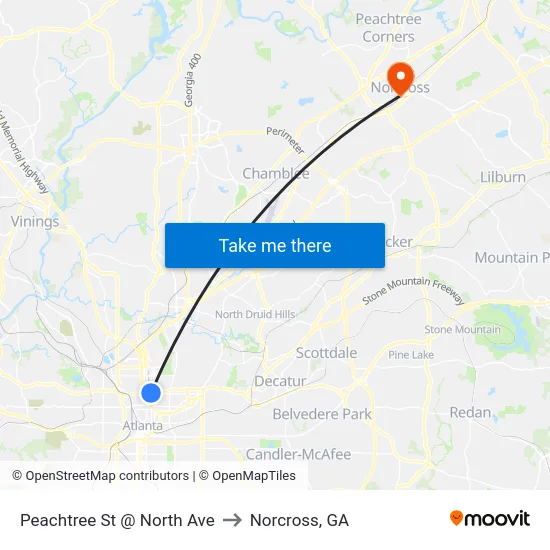 Peachtree St @ North Ave to Norcross, GA map