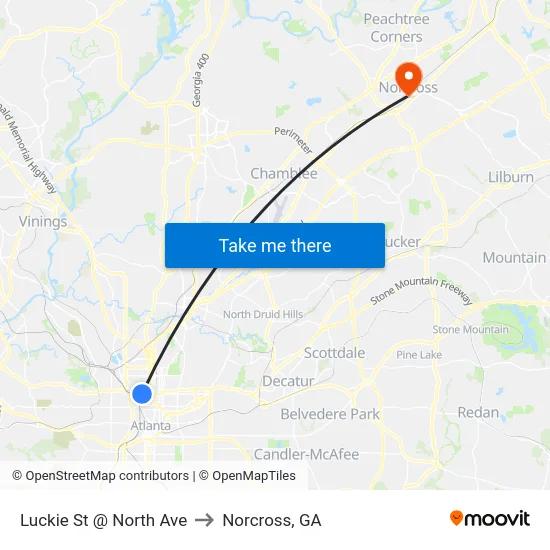 Luckie St @ North Ave to Norcross, GA map
