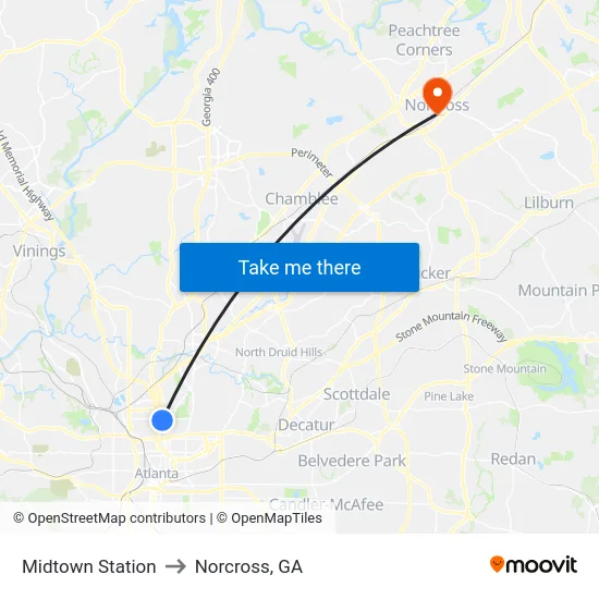 Midtown Station to Norcross, GA map