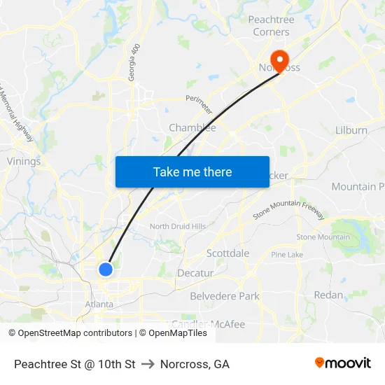 Peachtree St @ 10th St to Norcross, GA map