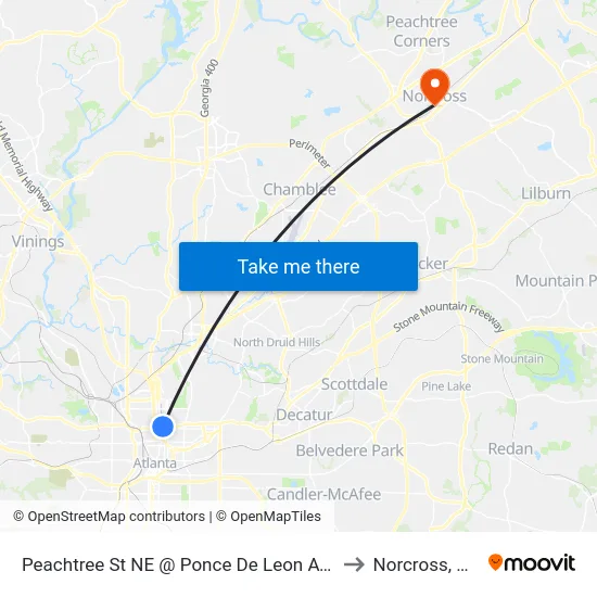 Peachtree St NE @ Ponce De Leon Ave to Norcross, GA map