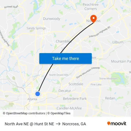 North Ave NE @ Hunt St NE to Norcross, GA map