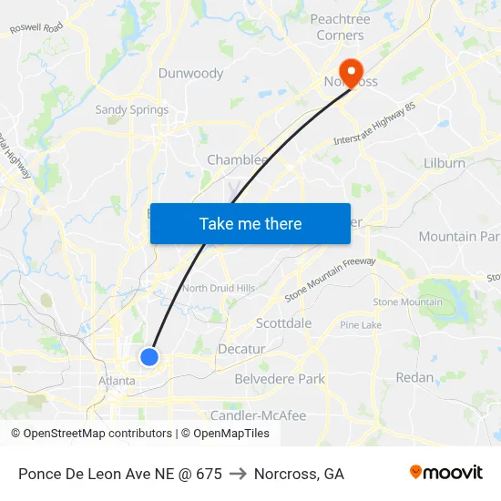Ponce De Leon Ave NE @ 675 to Norcross, GA map