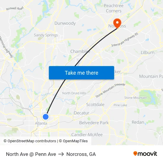 North Ave @ Penn Ave to Norcross, GA map