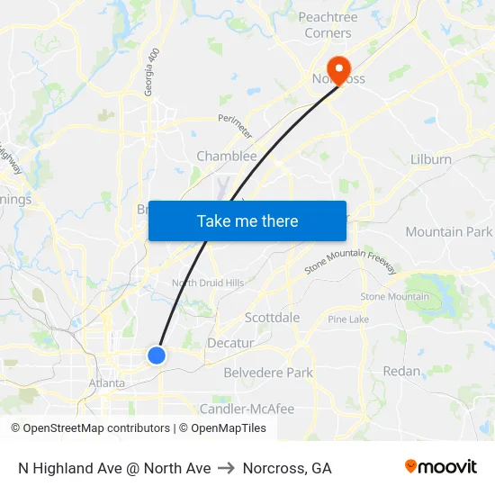 N Highland Ave @ North Ave to Norcross, GA map