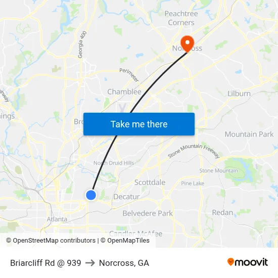 Briarcliff Rd @ 939 to Norcross, GA map