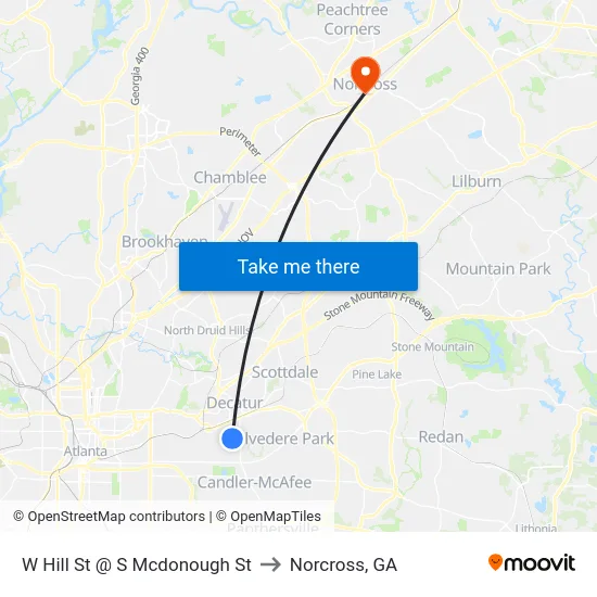 W Hill St @ S Mcdonough St to Norcross, GA map