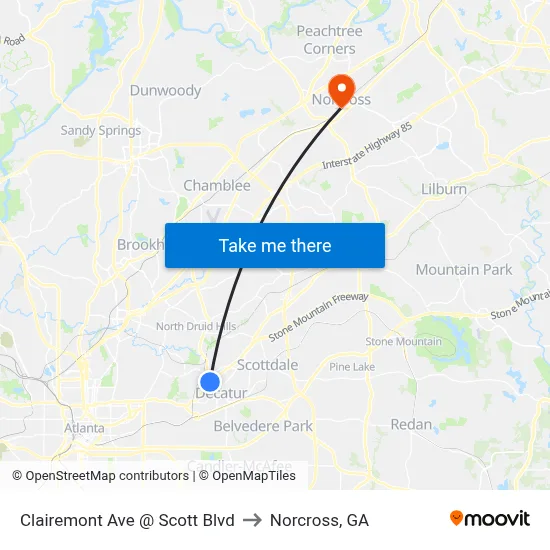 Clairemont Ave @ Scott Blvd to Norcross, GA map