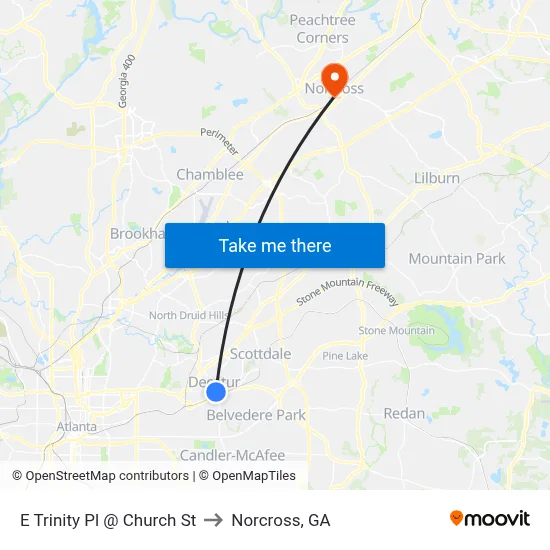 E Trinity Pl @ Church St to Norcross, GA map
