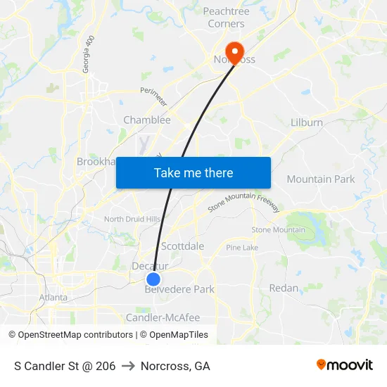 S Candler St @ 206 to Norcross, GA map