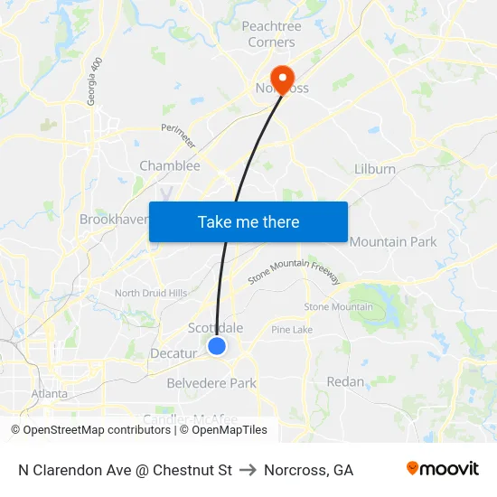N Clarendon Ave @ Chestnut St to Norcross, GA map
