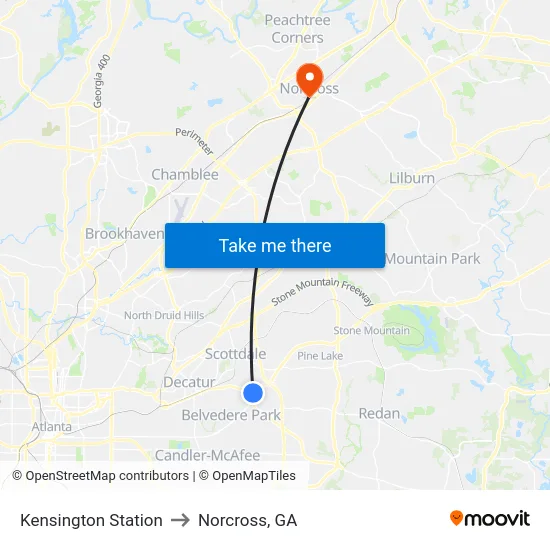 Kensington Station to Norcross, GA map
