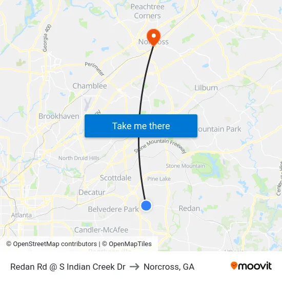 Redan Rd @ S Indian Creek Dr to Norcross, GA map