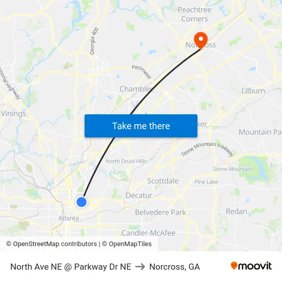 North Ave NE @ Parkway Dr NE to Norcross, GA map