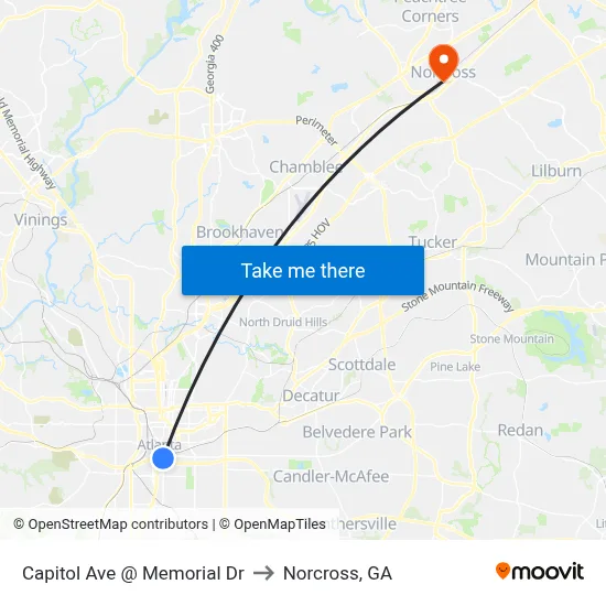 Capitol Ave @ Memorial Dr to Norcross, GA map