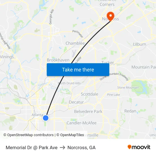 Memorial Dr @ Park Ave to Norcross, GA map