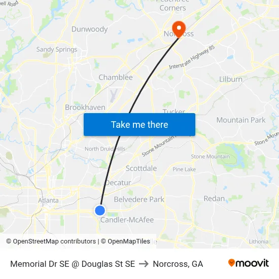 Memorial Dr SE @ Douglas St SE to Norcross, GA map