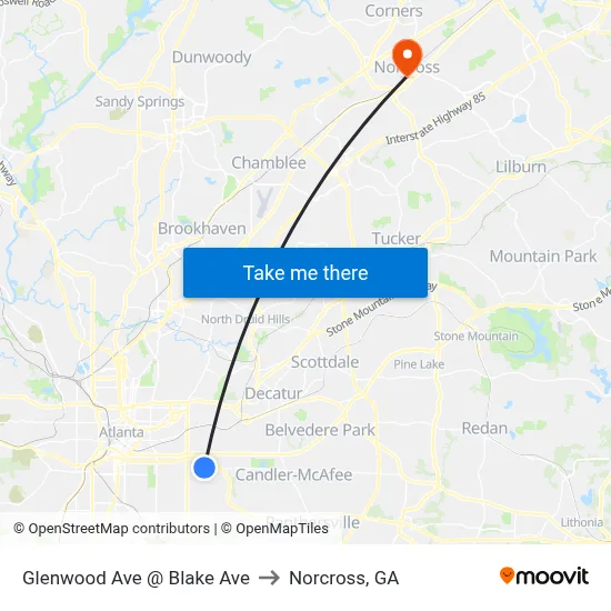 Glenwood Ave @ Blake Ave to Norcross, GA map