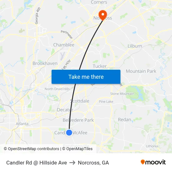 Candler Rd @ Hillside Ave to Norcross, GA map