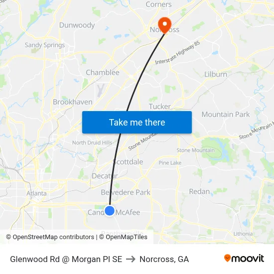 Glenwood Rd @ Morgan Pl SE to Norcross, GA map