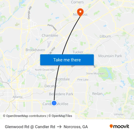 Glenwood Rd @ Candler Rd to Norcross, GA map