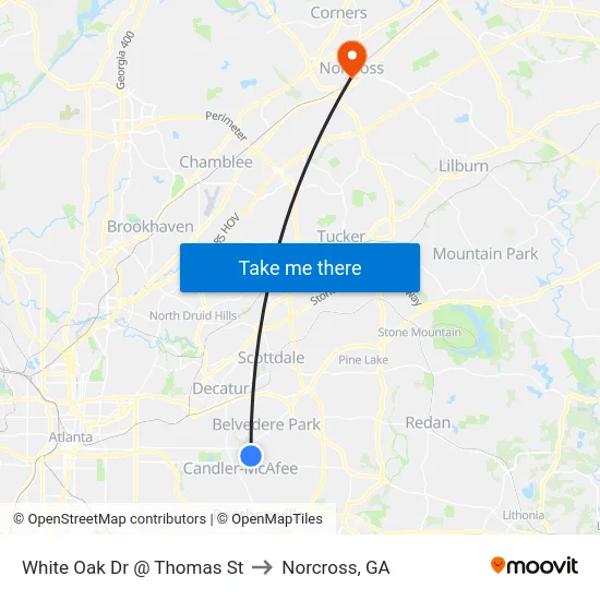 White Oak Dr @ Thomas St to Norcross, GA map
