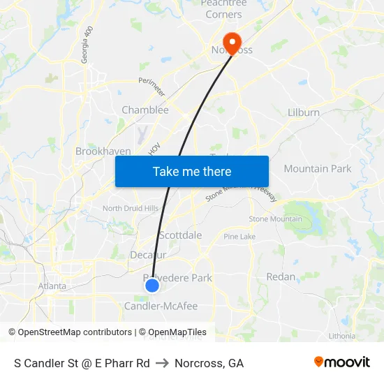 S Candler St @ E Pharr Rd to Norcross, GA map