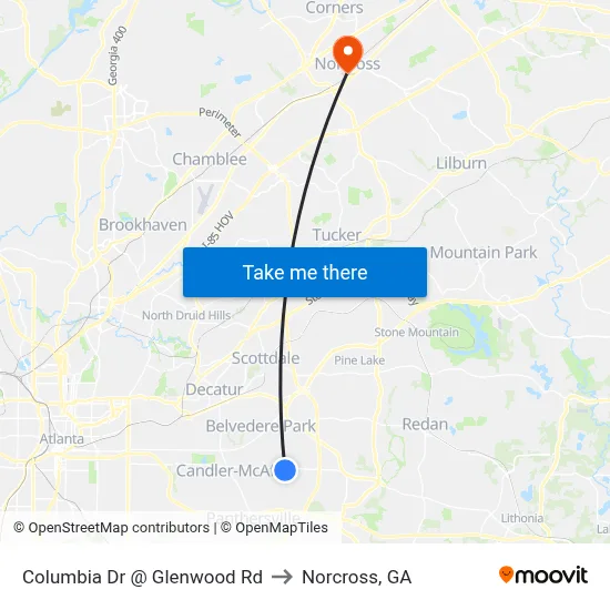 Columbia Dr @ Glenwood Rd to Norcross, GA map