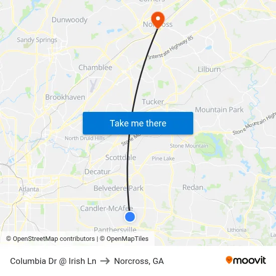 Columbia Dr @ Irish Ln to Norcross, GA map