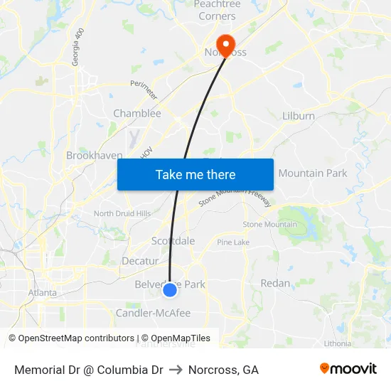 Memorial Dr @ Columbia Dr to Norcross, GA map