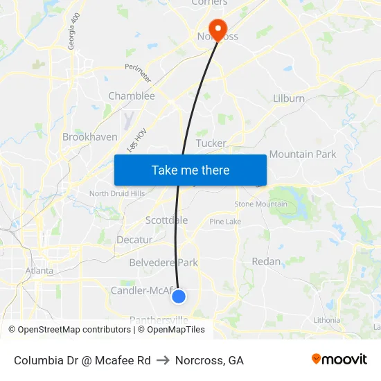 Columbia Dr @ Mcafee Rd to Norcross, GA map