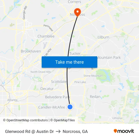 Glenwood Rd @ Austin Dr to Norcross, GA map