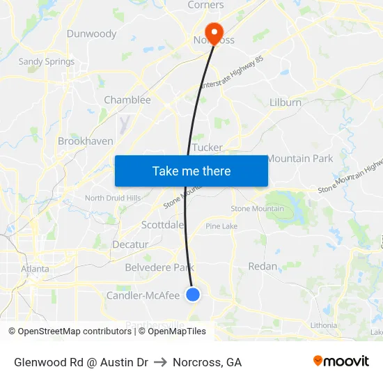 Glenwood Rd @ Austin Dr to Norcross, GA map