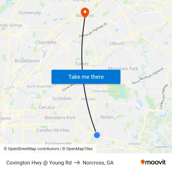 Covington Hwy @ Young Rd to Norcross, GA map