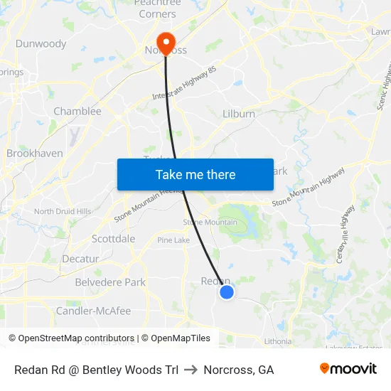 Redan Rd @ Bentley Woods Trl to Norcross, GA map