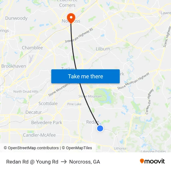 Redan Rd @ Young Rd to Norcross, GA map
