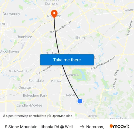 S Stone Mountain Lithonia Rd @ Wellborn Rd to Norcross, GA map