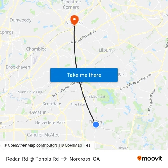 Redan Rd @ Panola Rd to Norcross, GA map