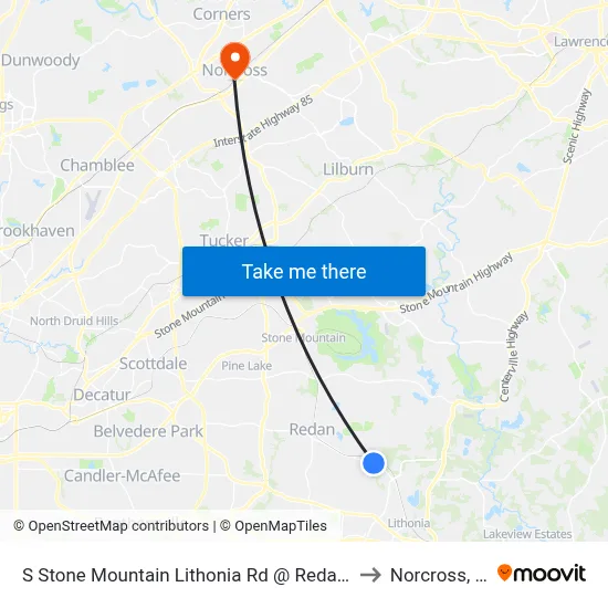 S Stone Mountain Lithonia Rd @ Redan East to Norcross, GA map