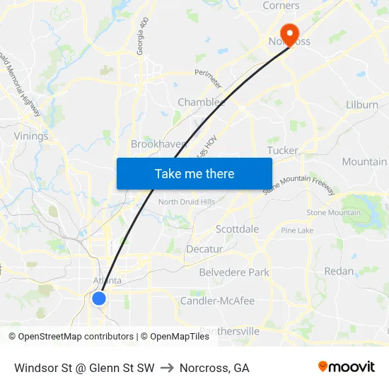Windsor St @ Glenn St SW to Norcross, GA map