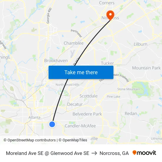 Moreland Ave SE @ Glenwood Ave SE to Norcross, GA map