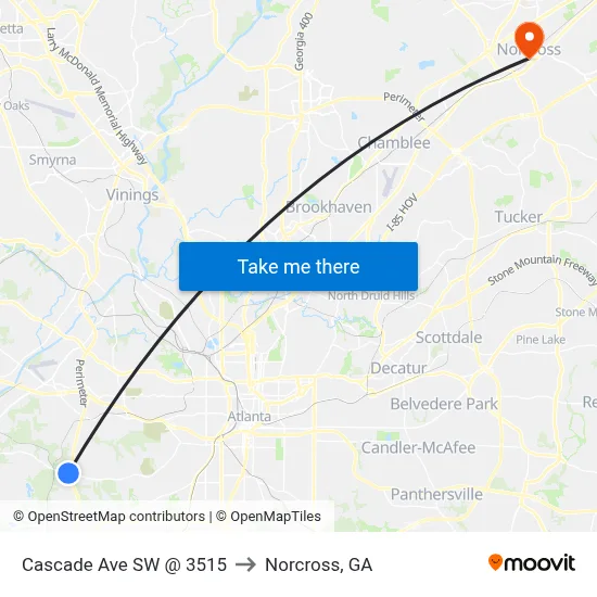Cascade Ave SW @ 3515 to Norcross, GA map