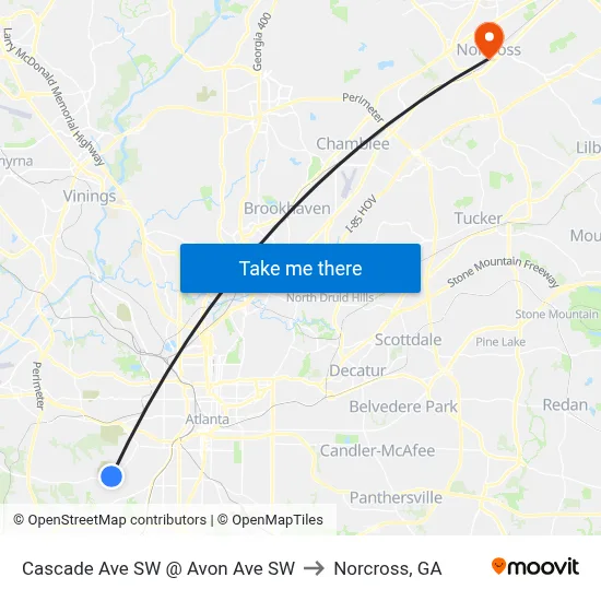 Cascade Ave SW @ Avon Ave SW to Norcross, GA map