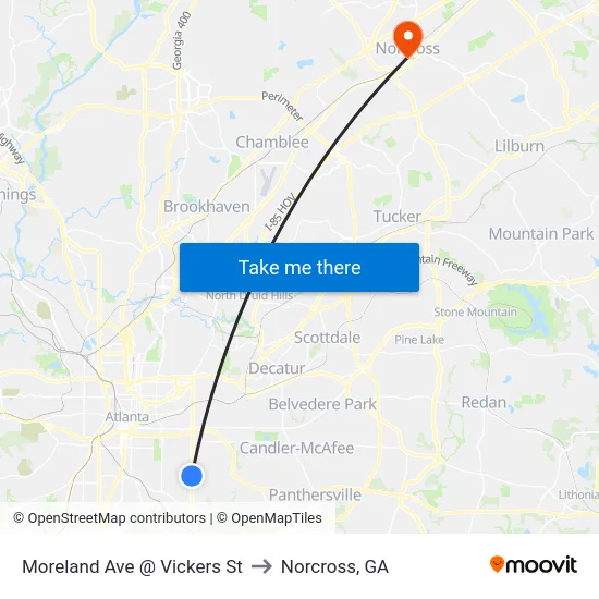 Moreland Ave @ Vickers St to Norcross, GA map