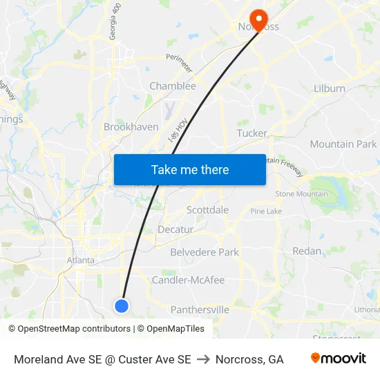 Moreland Ave SE @ Custer Ave SE to Norcross, GA map