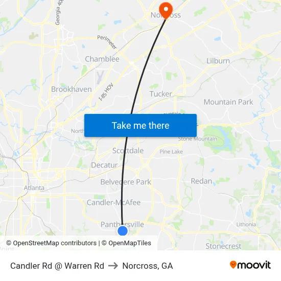 Candler Rd @ Warren Rd to Norcross, GA map